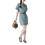 Pleated Short Sleeve Mini Denim Shirtdress