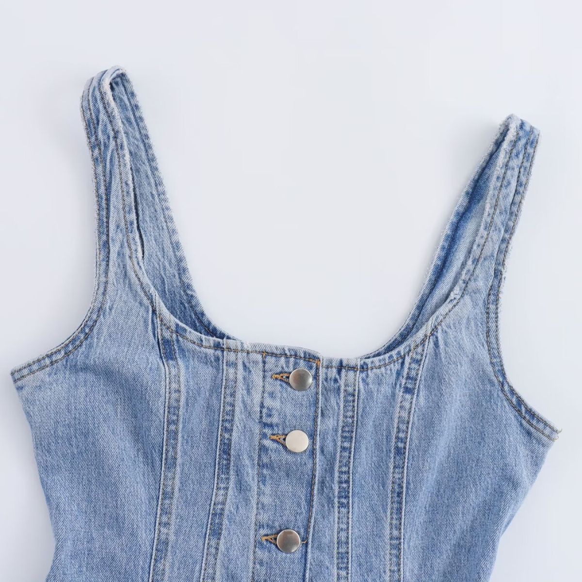 Button-Front Washed Strappy Denim Maxi Dress
