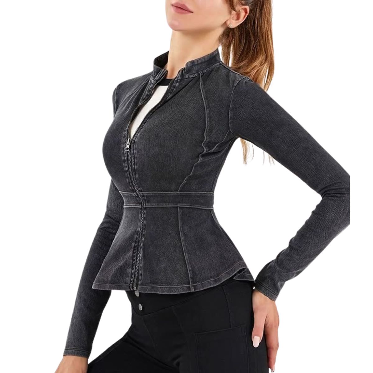 Zip-Front Washed Knit Denim Peplum Jacket