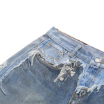 Vintage Washed Distressed Denim Bermuda Shorts with Frayed Panels