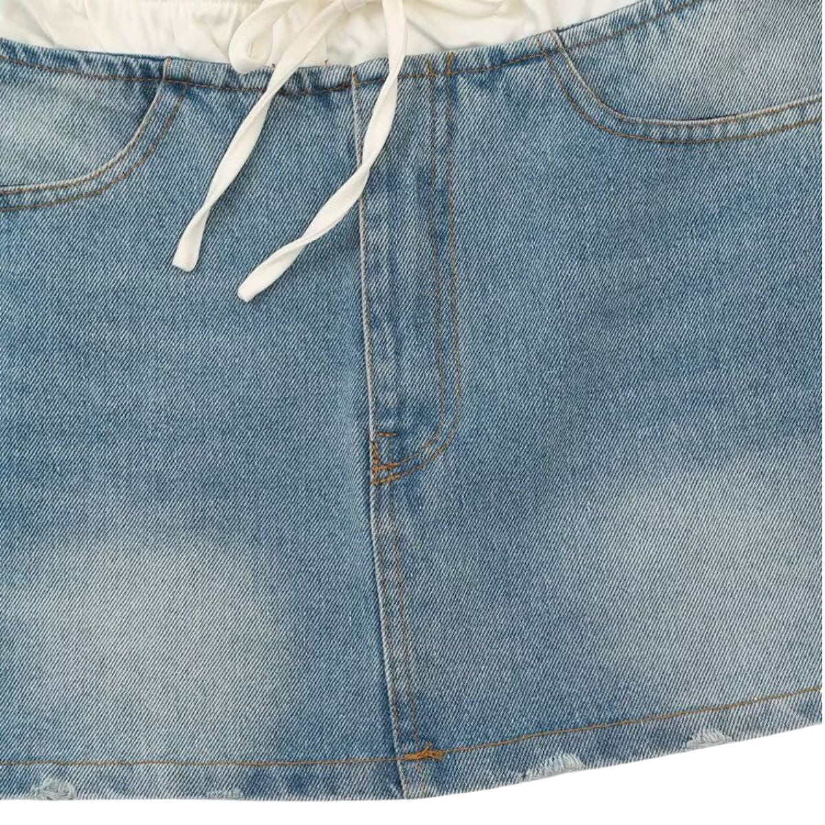 Double Waistband Washed Denim Mini Skirt