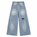 Heavy Distressed Curved Wide Leg Denim Jeans