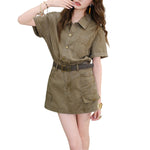 Short-Sleeve Belted Denim Mini Dress