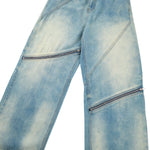Retro Distressed Washed Baggy Patchwork Zip-Detail Relaxed Straight Fit Denim Jeans