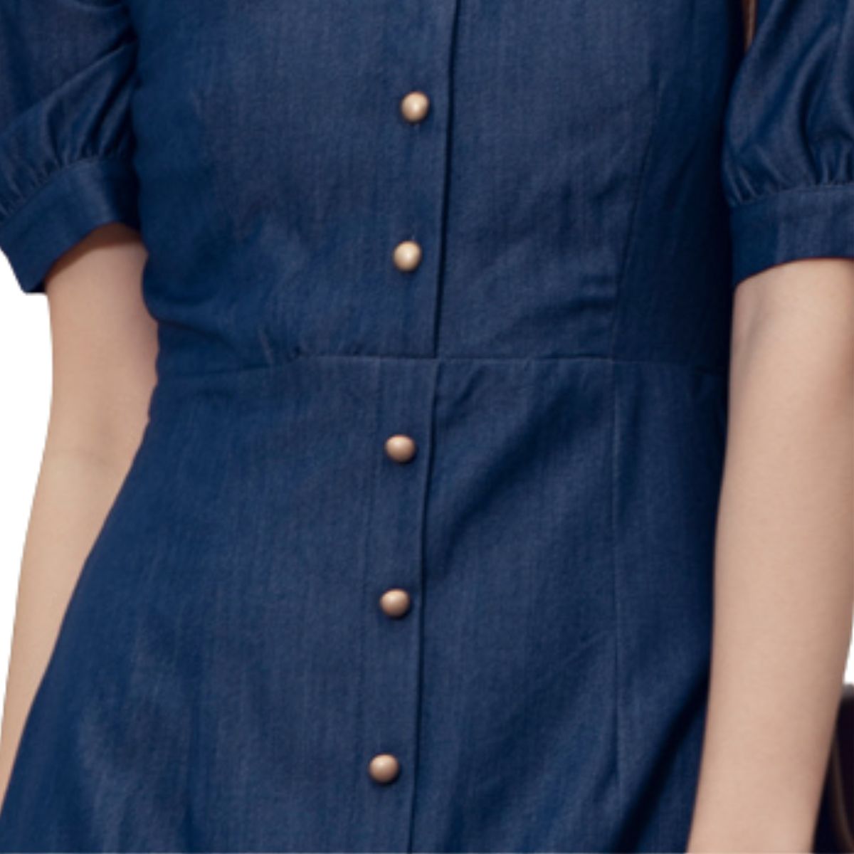 Butterfly Collar Puff Sleeve Denim Midi Dress