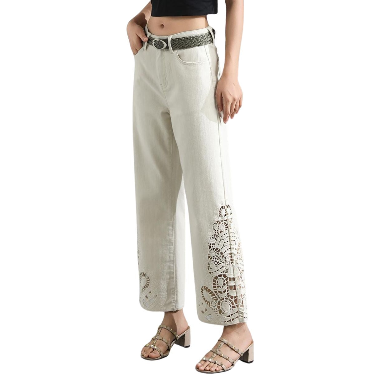 Wide Leg Embroidered Cut-Out Ankle Jeans