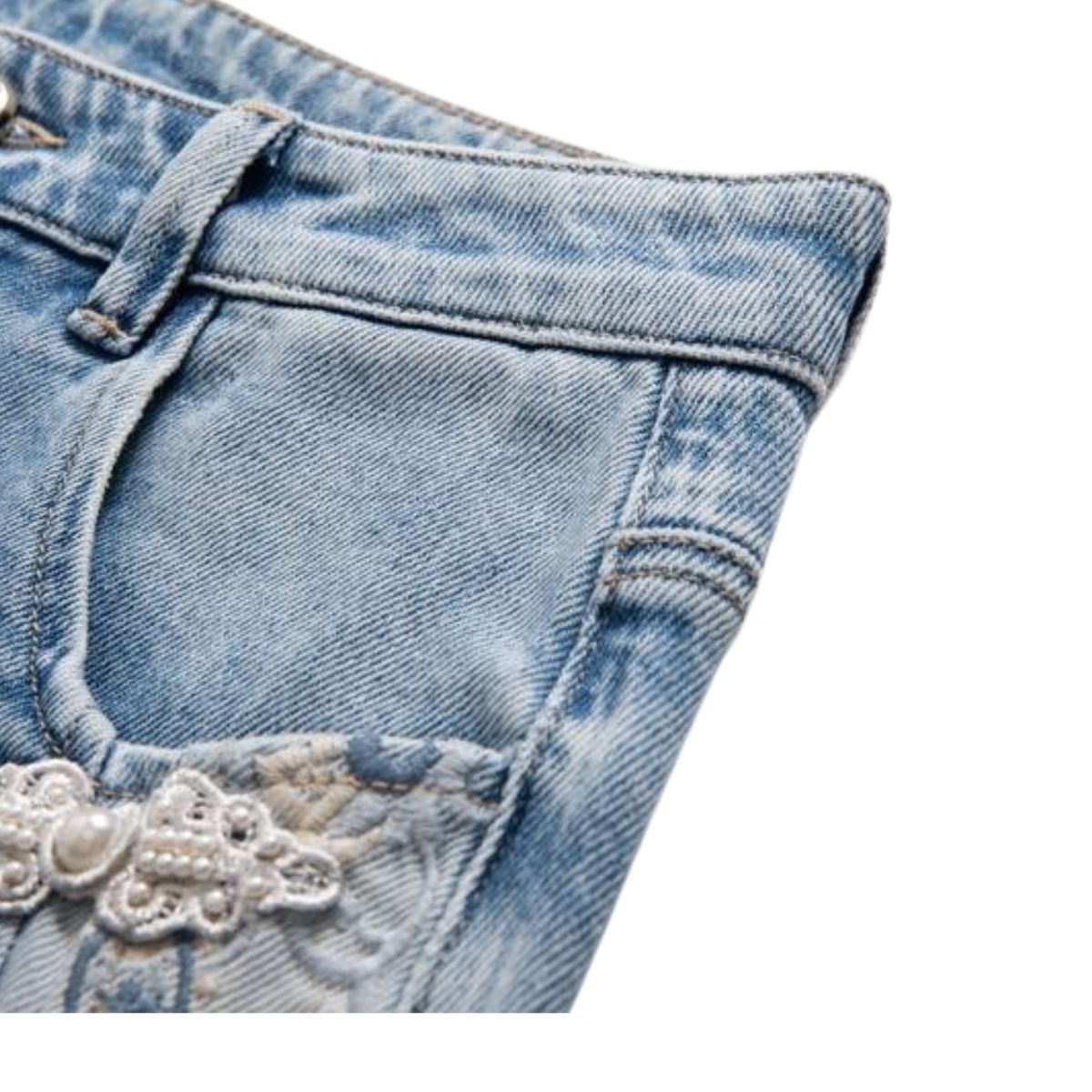 Raw Hem Embroidered Pearl-Frog Closures Jeans