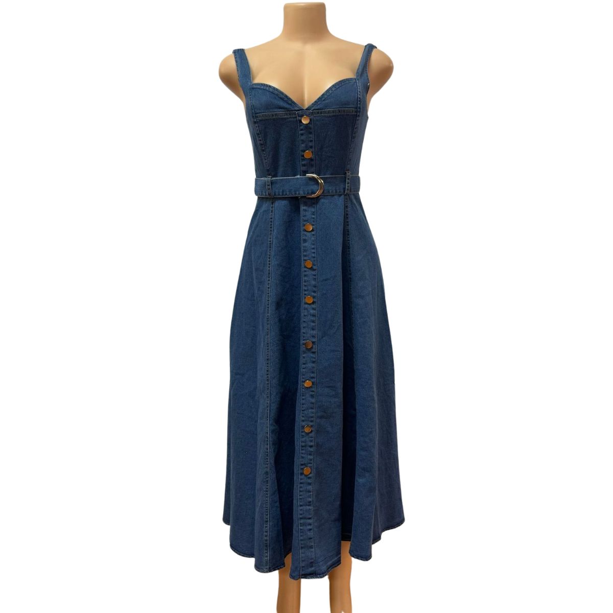 Button-Front Belted Denim Slip Midi Dress