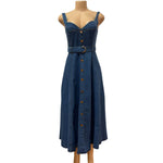 Button-Front Belted Denim Slip Midi Dress
