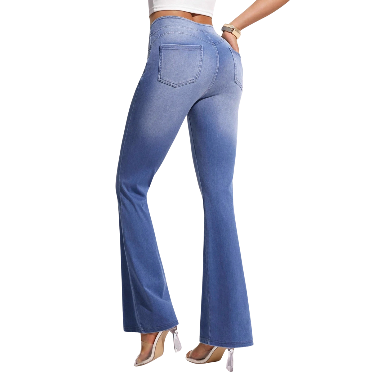 Washed High-Waisted Flared Stretch Jeans
