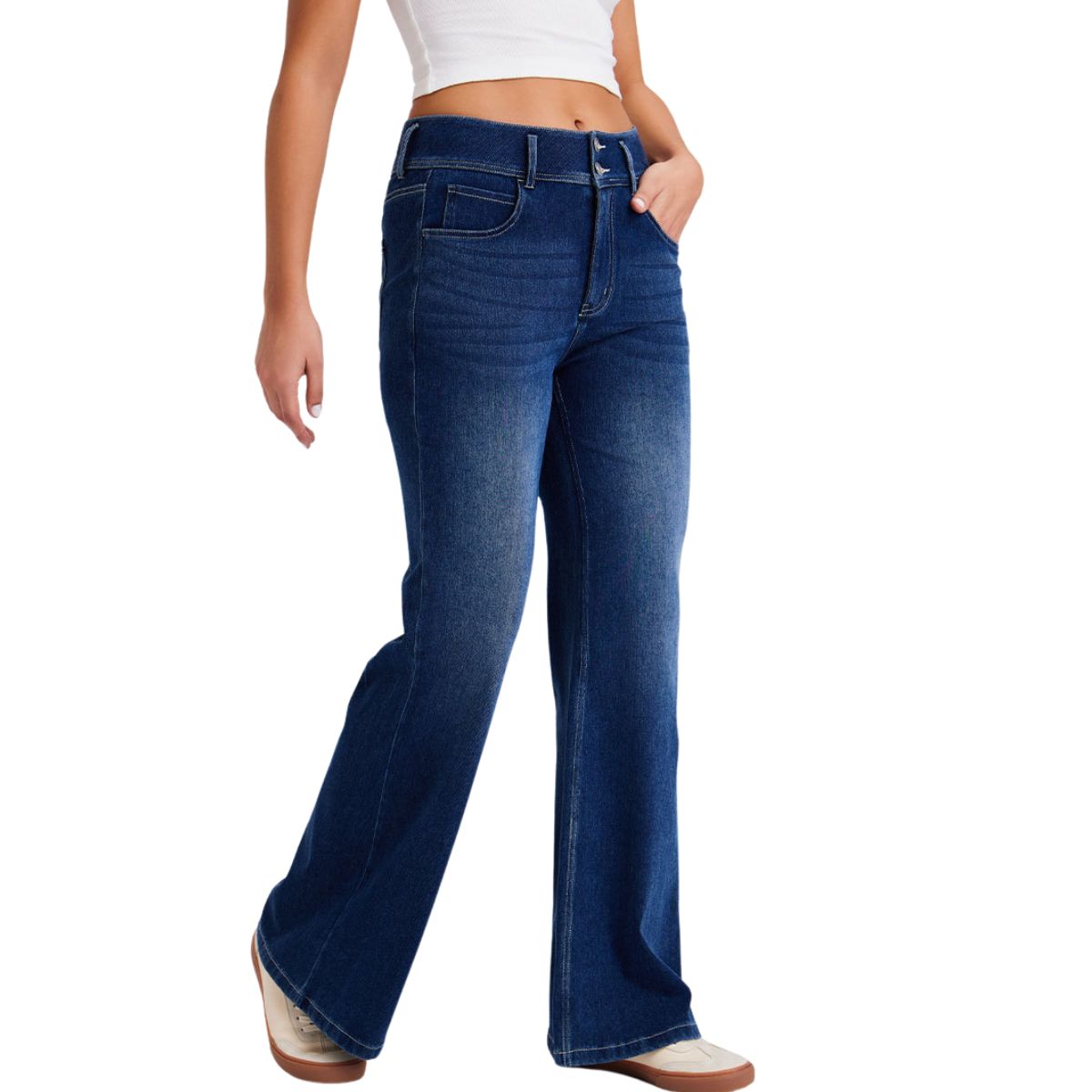 Mid-Rise Washed Knit Denim Flare Jeans
