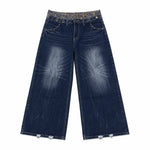 Vintage Washed Double-Waist Wide-Leg Denim Jeans