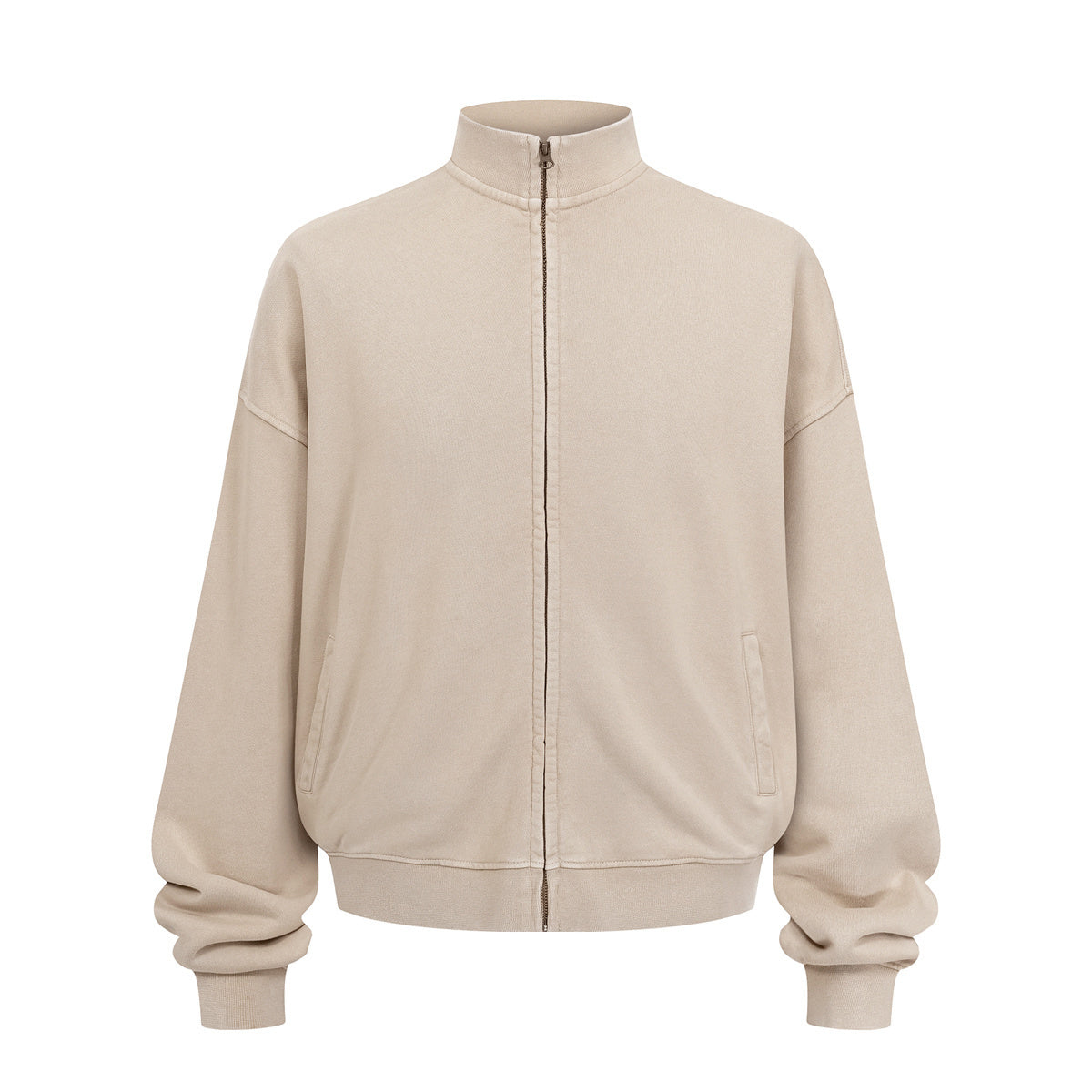Vintage Zip-Up Ribbed Stand Collar Sweatshirt
