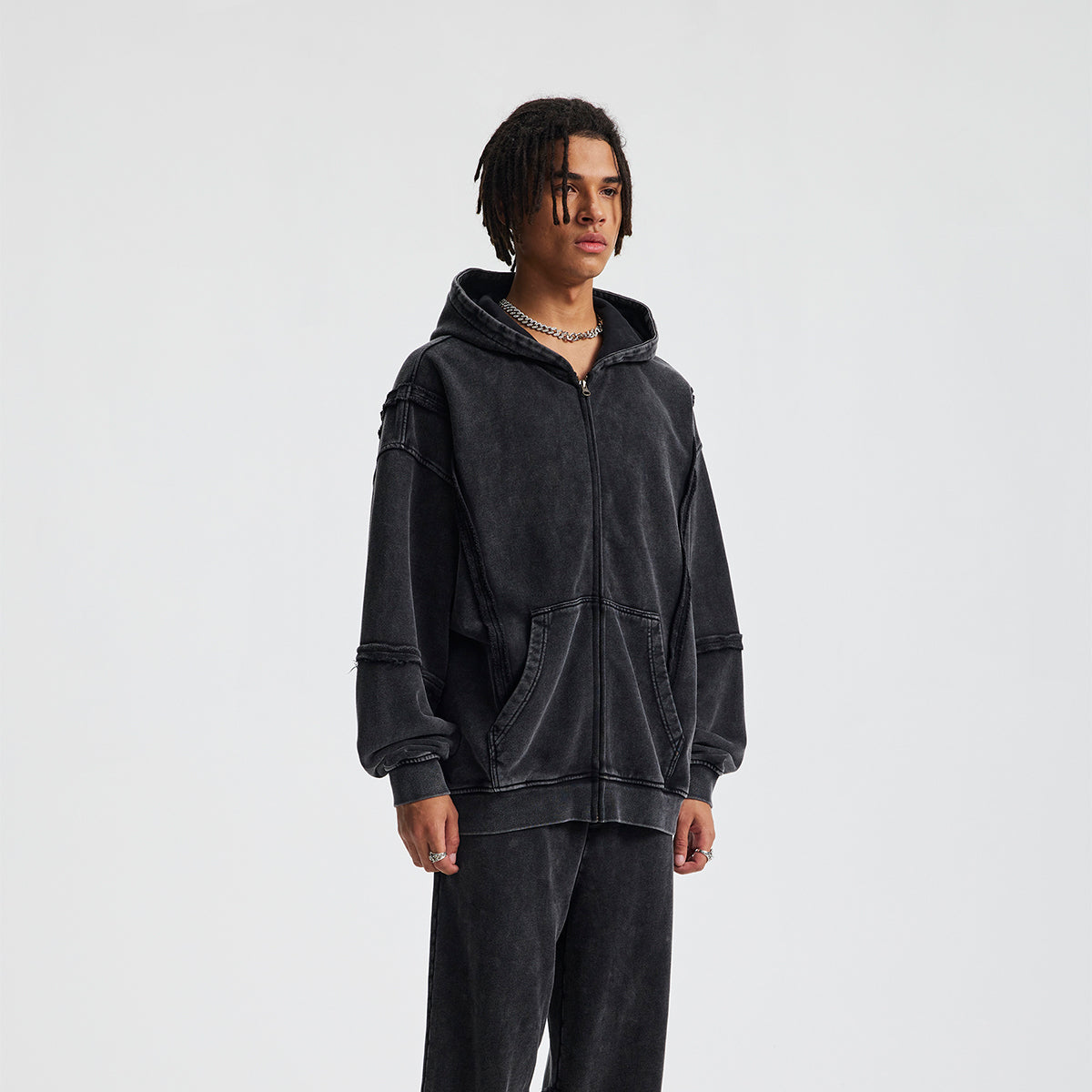 Distressed Vintage Wash Zip Up Hoodie