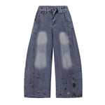 Embroidered Blue Wide Leg Distressed Denim Jeans