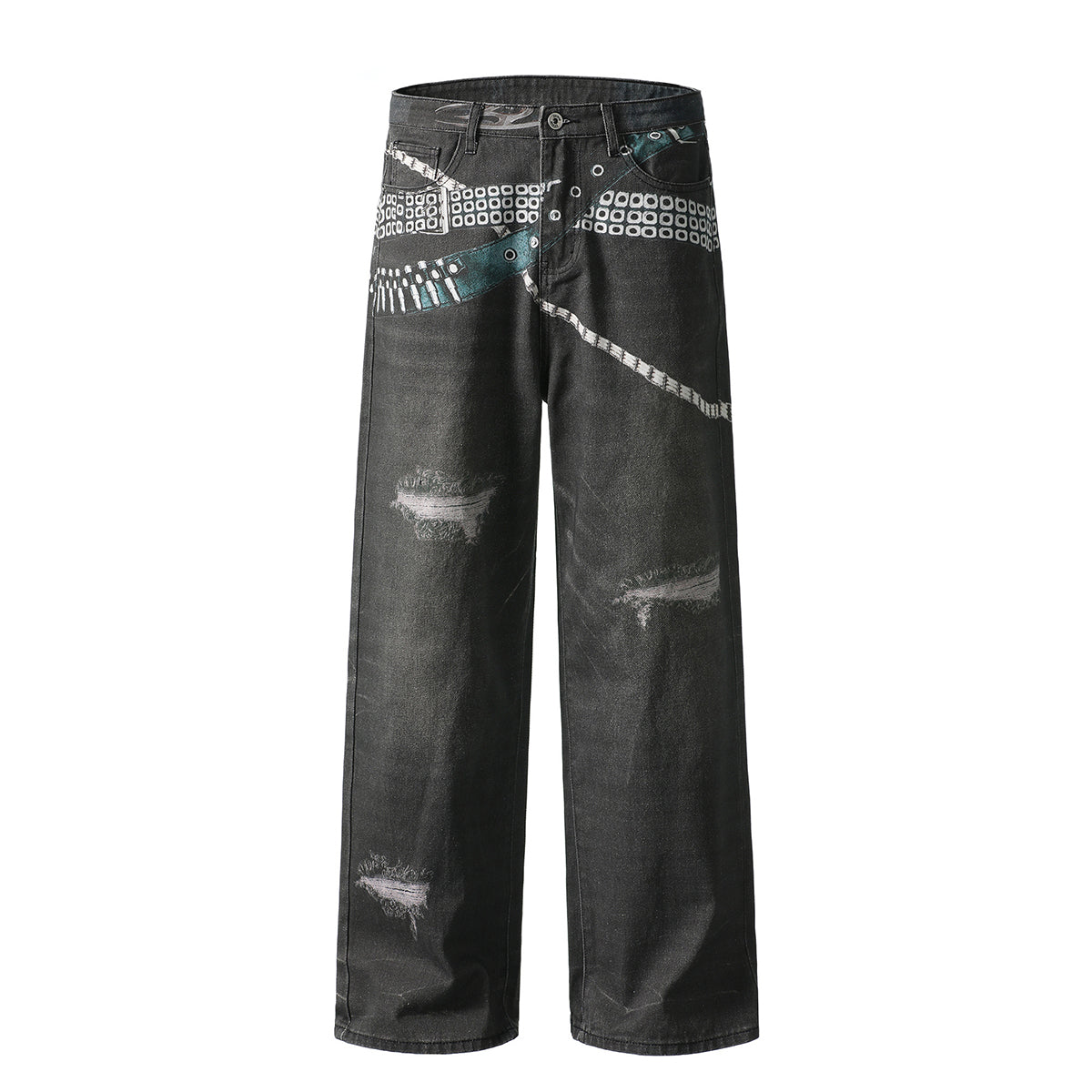 Vintage Washed Black Wide-Leg Printed Jeans