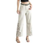 Wide Leg Embroidered Cut-Out Ankle Jeans