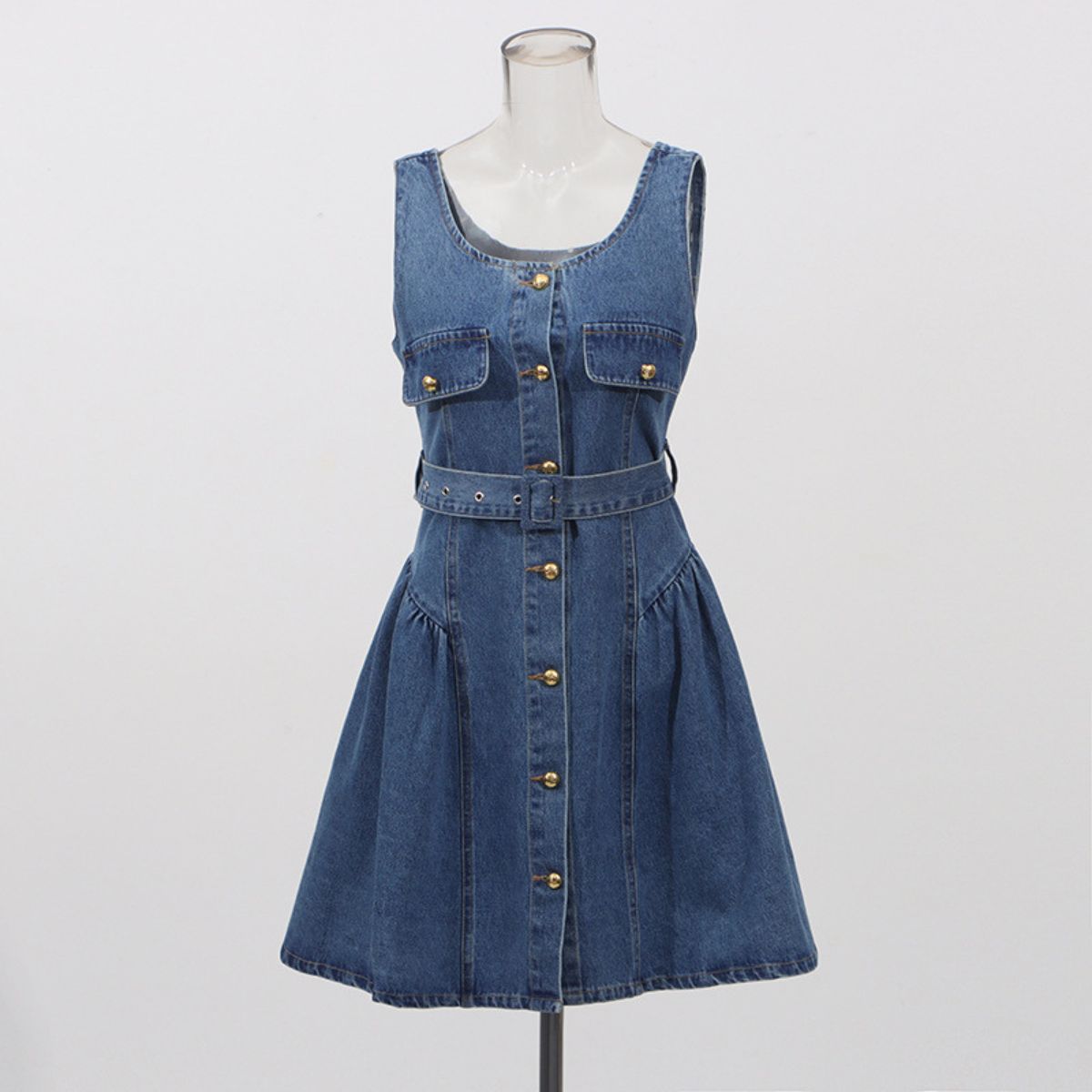 Belted Flared Denim Mini Dress