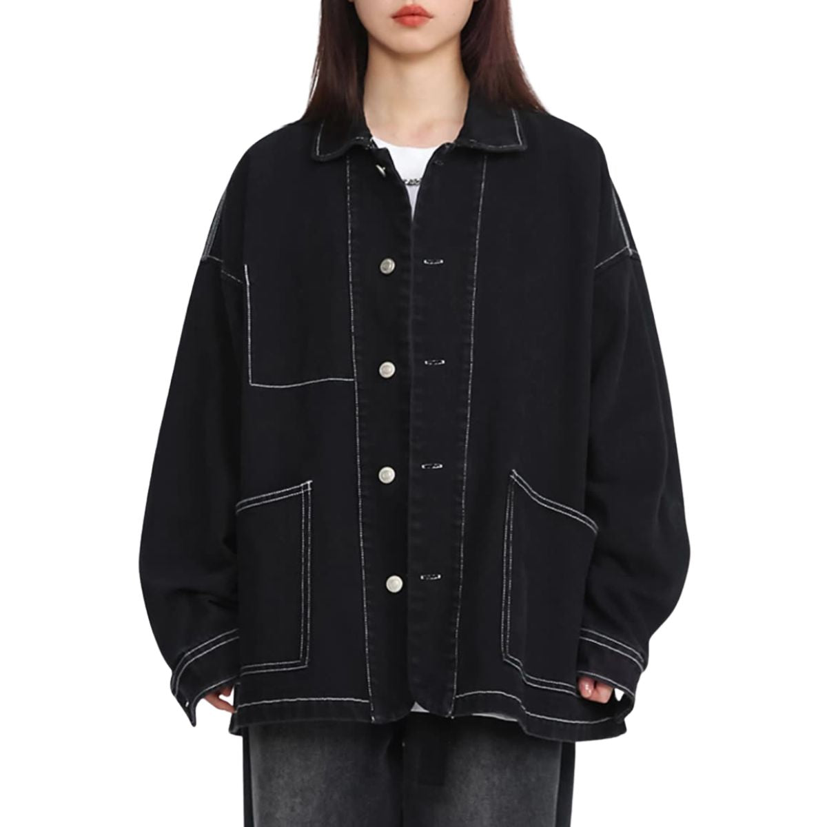 Loose Fit Denim Button-Front Jacket