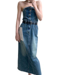 Vintage Wash Denim Belted Strapless Midi Dress