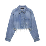 Raw Hem Cropped Ripped Denim Jacket