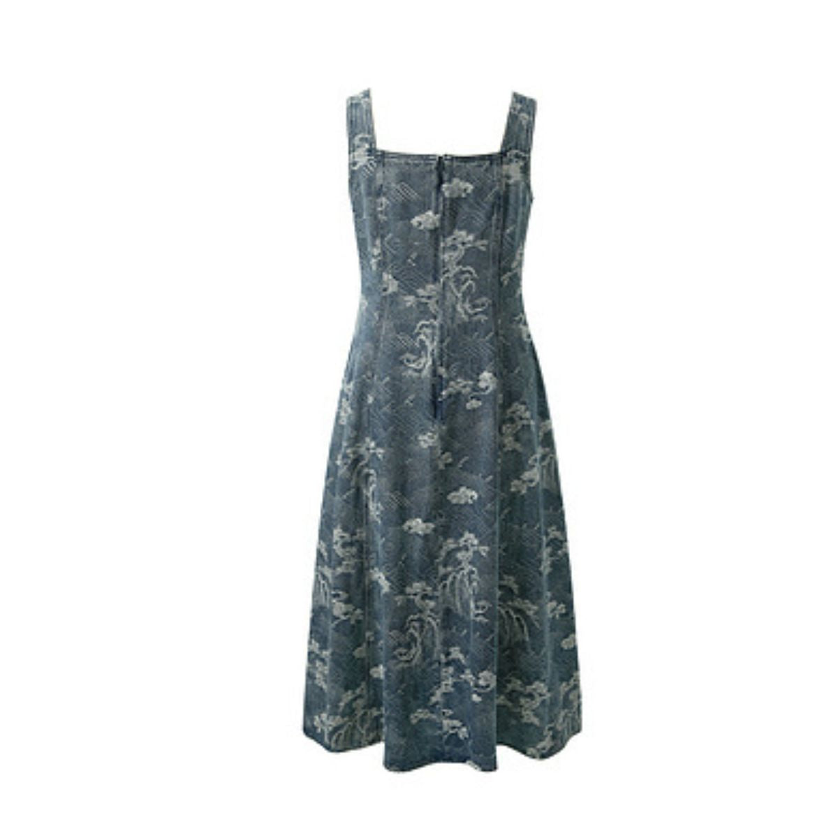 Denim Jacquard Square-Neck A-Line Midi Dress