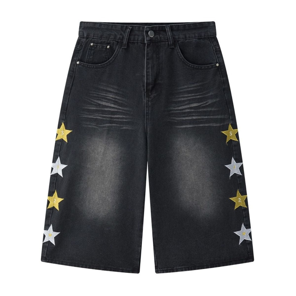 Star Print Washed Denim Capri Shorts