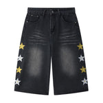 Star Print Washed Denim Capri Shorts