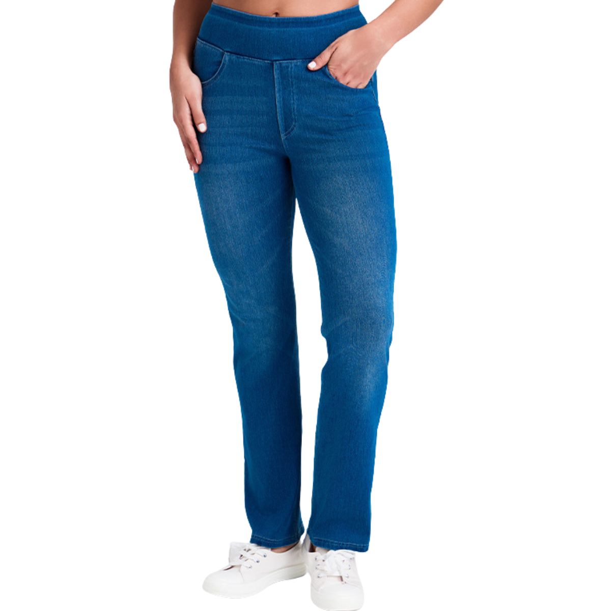 Mid-Rise Washed Whisker Knit Denim Pants