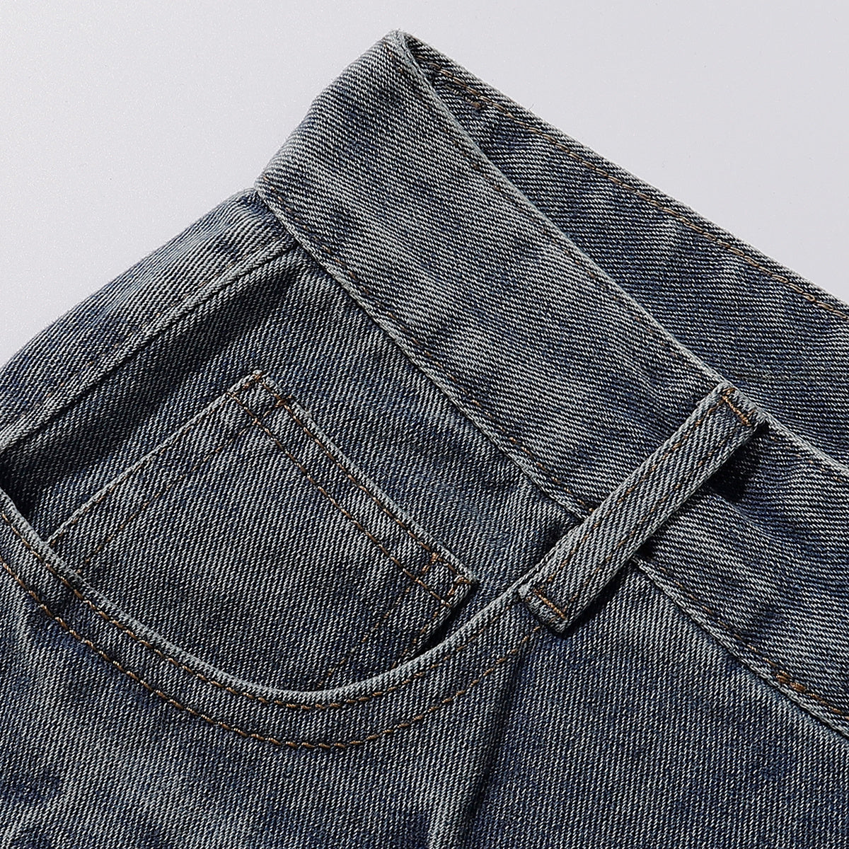 Front Panel Stitching Vintage Washed Denim Shorts