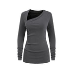 Asymmetric Neck Long Sleeve Ribbed Top