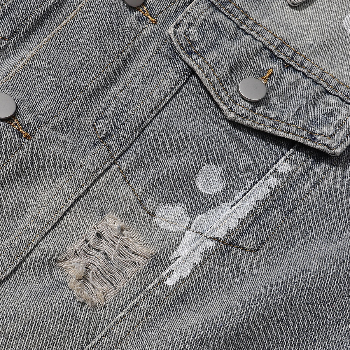 Paint-Spray Ripped Denim Trucker Jacket