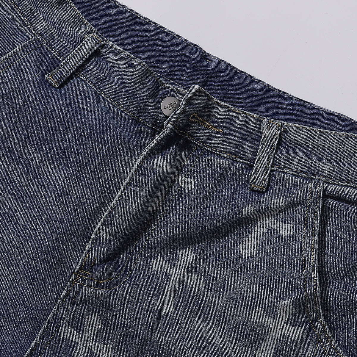 Cross Print Wide Leg Denim Jeans