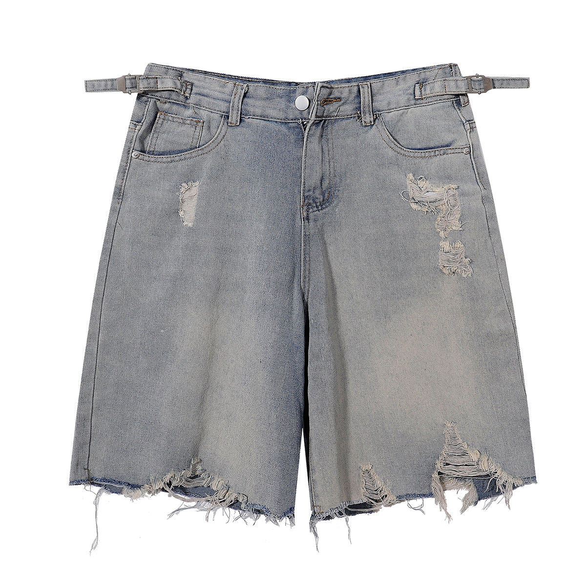 Adjustable Side Buckle Distressed High Waist Shorts