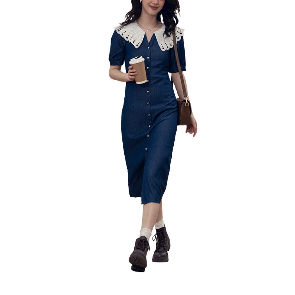 Butterfly Collar Puff Sleeve Denim Midi Dress