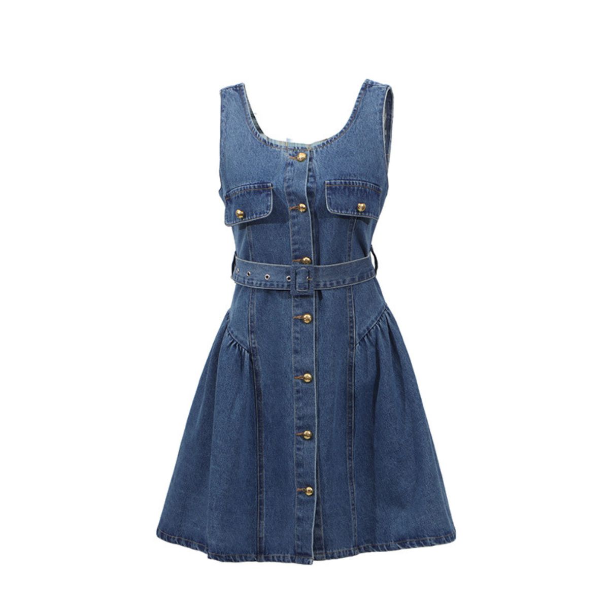 Belted Flared Denim Mini Dress