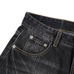 Faded Crackle Wash Baggy Curved Leg Denim Jeans