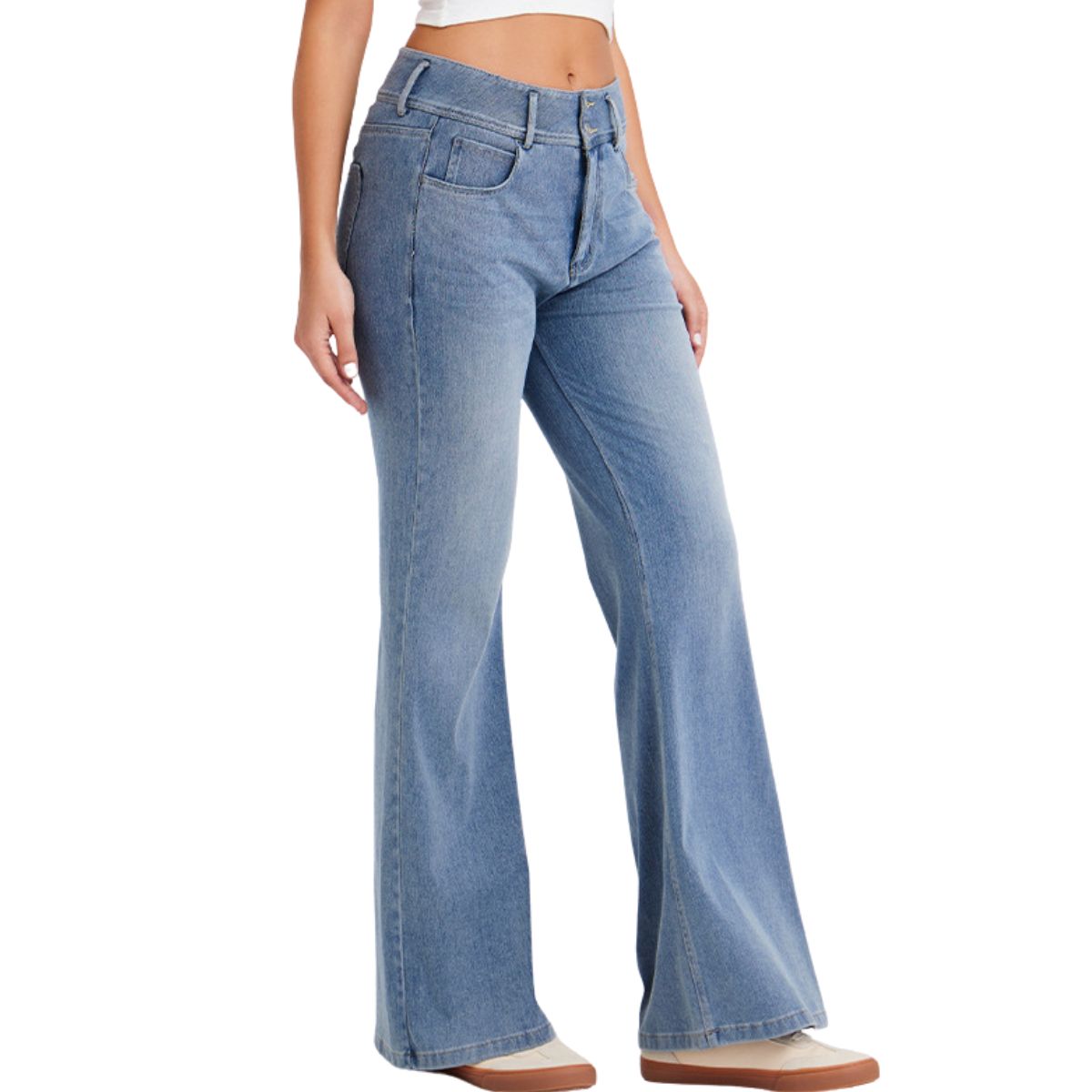 Mid-Rise Washed Knit Denim Flare Jeans