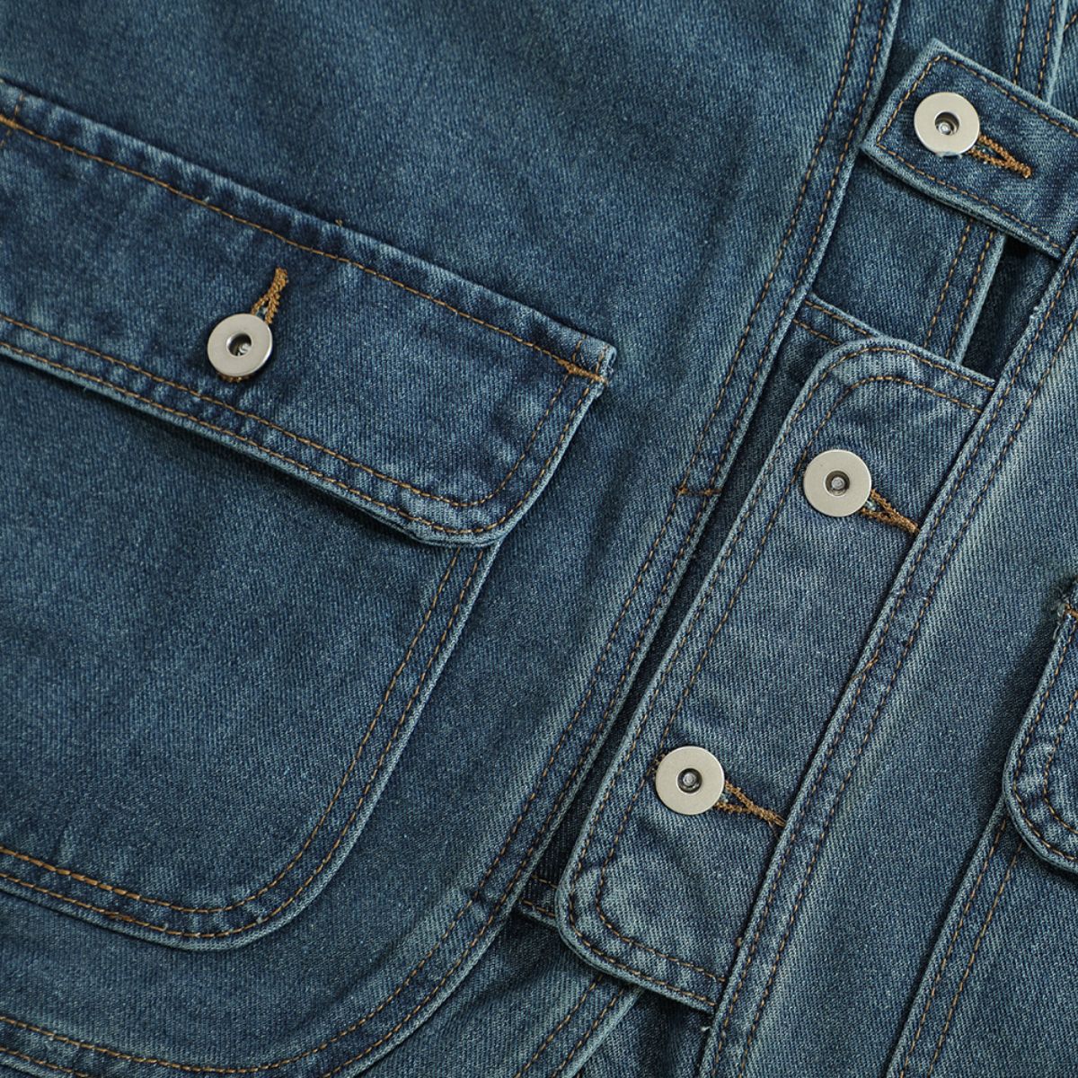 Relaxed V-Neck Denim Cargo Vest