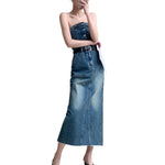 Vintage Wash Denim Belted Strapless Midi Dress