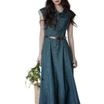 Cap Sleeve Belted Midi Denim Dress