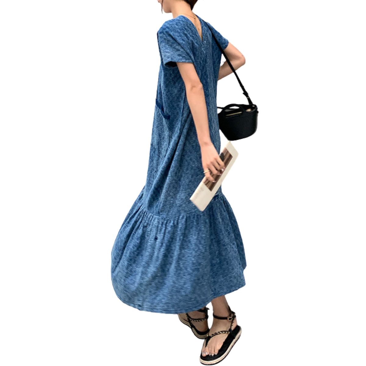 Jacquard Oversized Short-Sleeve Denim Mididress