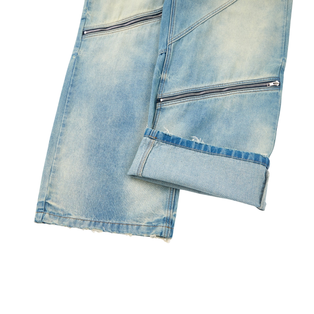 Retro Distressed Washed Baggy Patchwork Zip-Detail Relaxed Straight Fit Denim Jeans