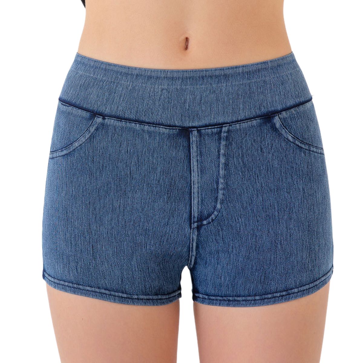 Mid-Waisted Washed Knit Denim Shorts