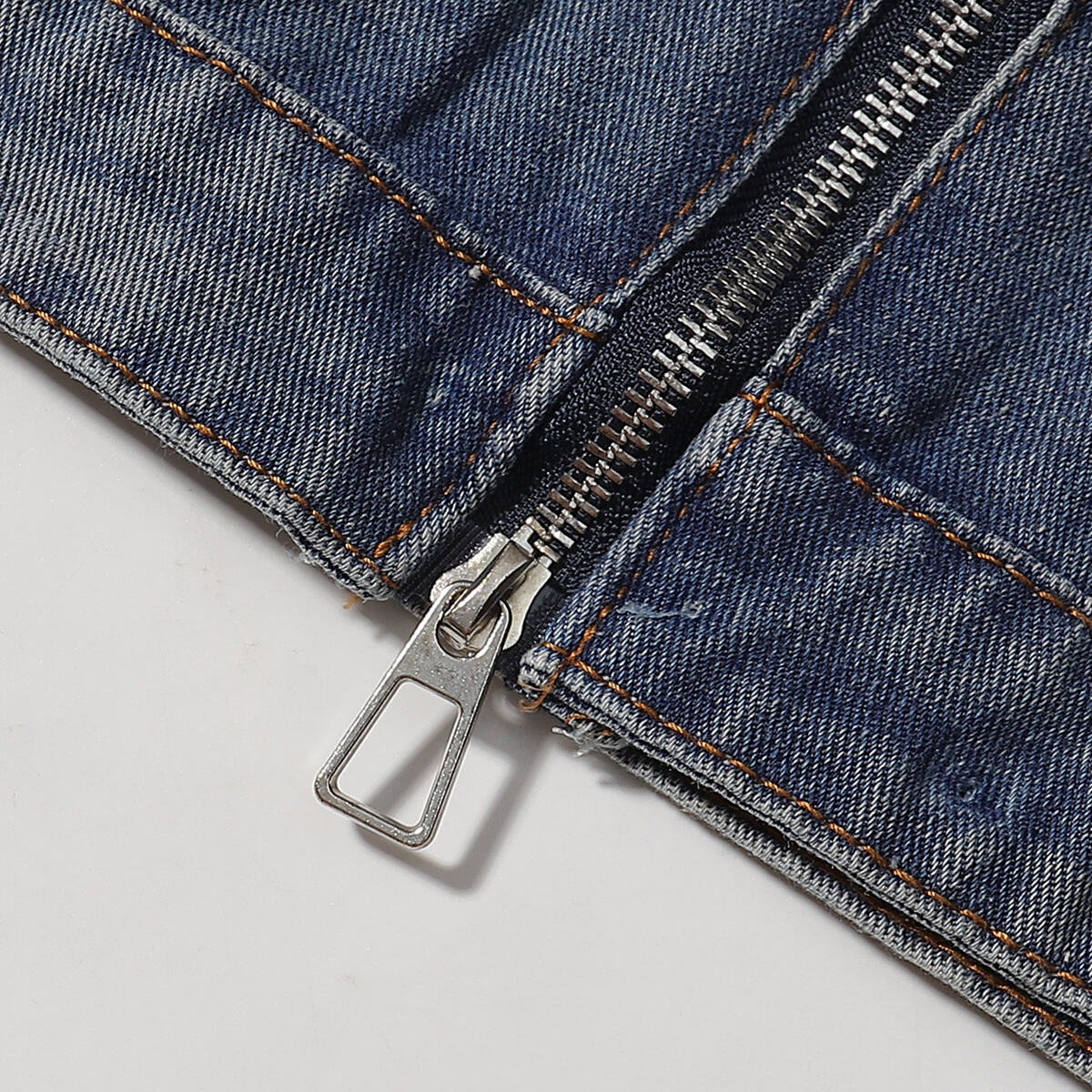 Stand Collar Zip-Up Washed Denim Jacket