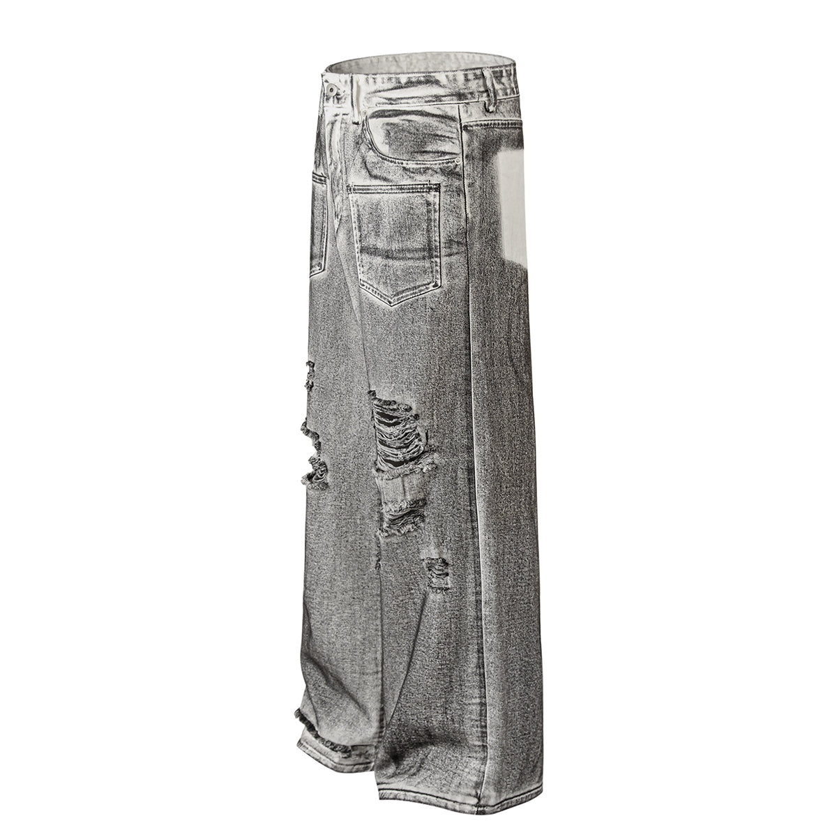 Acid Wash Destroyed Wide-Leg Jeans