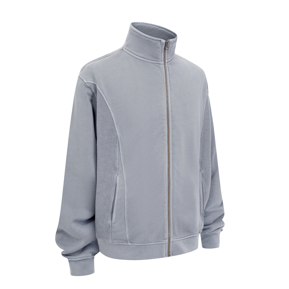 Stand Collar Panel Detail Washed Zip Up Sweatshirt