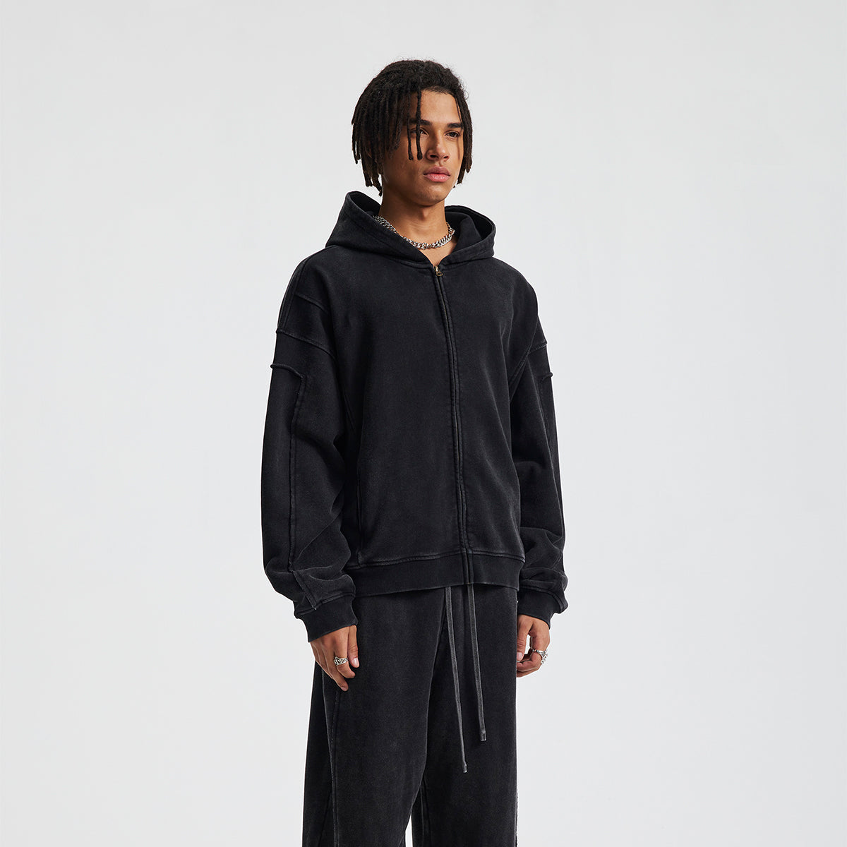 Vintage Washed Oversized Zip Up Distressed Hoodie