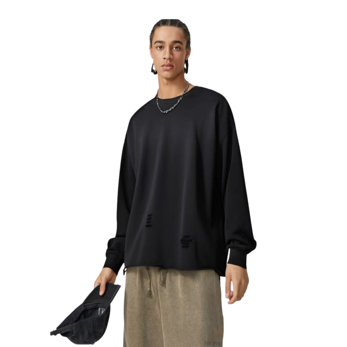 Black Washed Cotton Ripped Sweatshirt