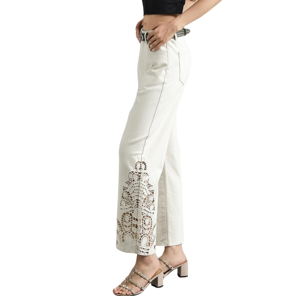 Wide Leg Embroidered Cut-Out Ankle Jeans